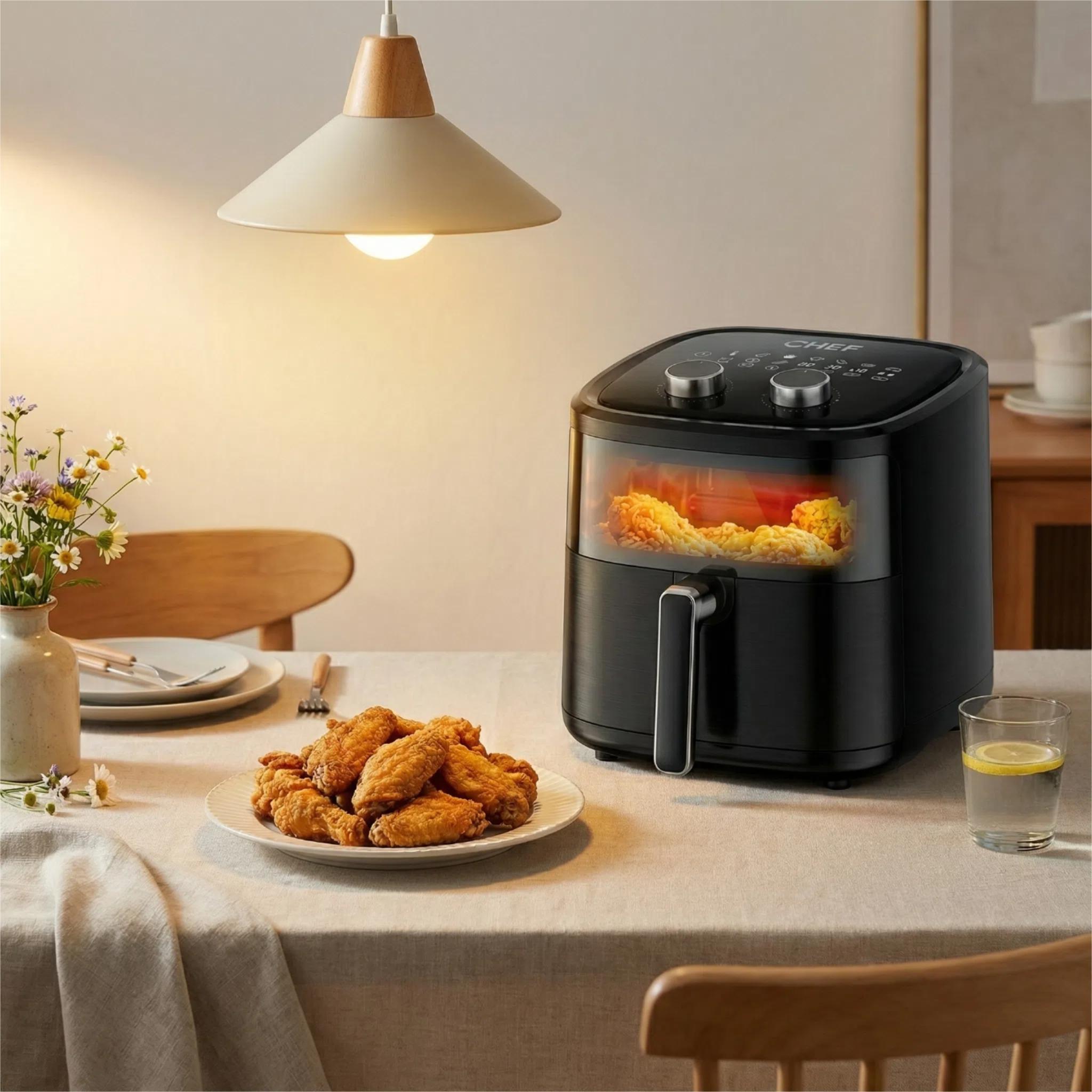 Freidora de Aire 6L con Ventana Transparente, Cocina Saludable sin Aceite, Selector de Rueda,