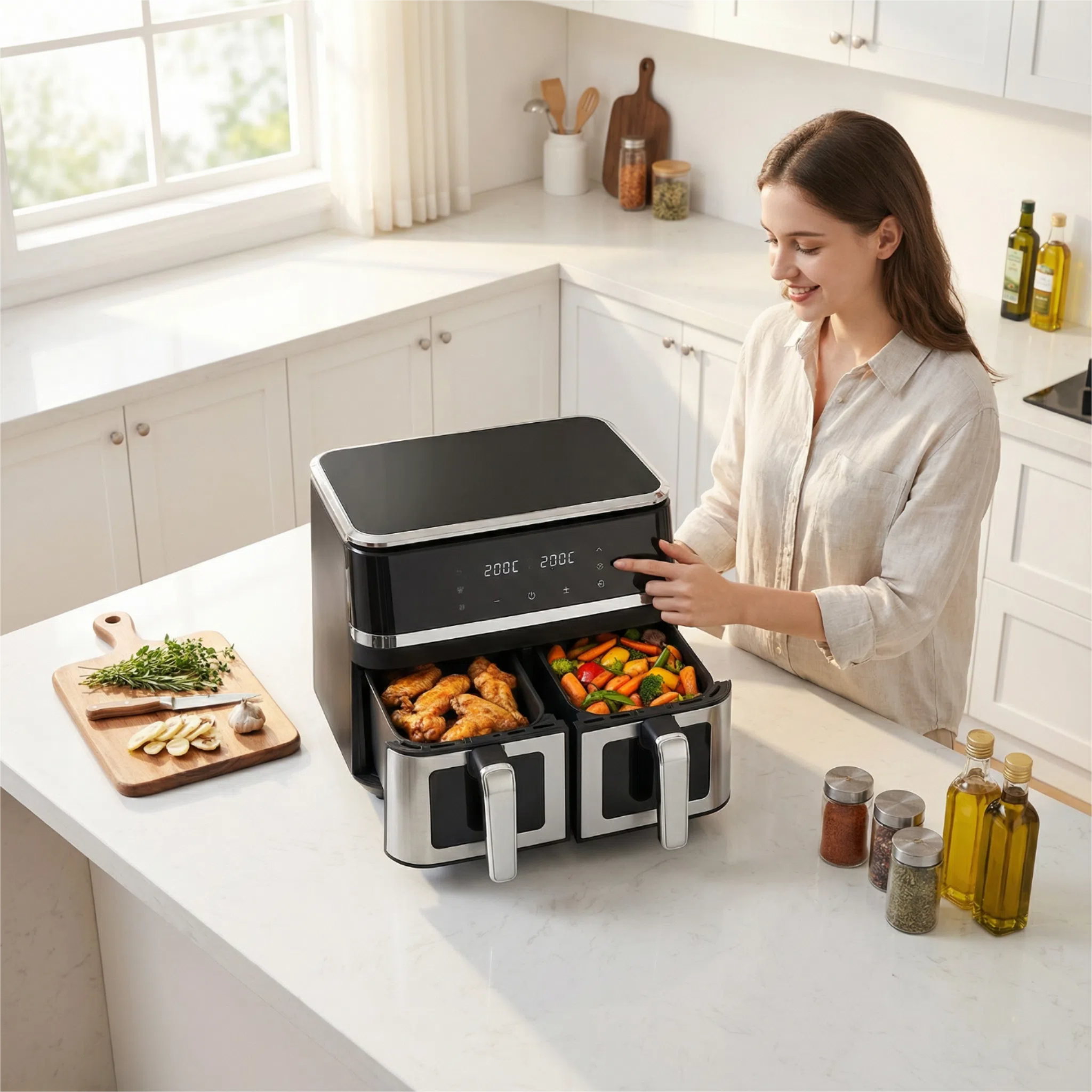 Freidora de Aire doble cestas 10L con Control Preciso NTC – 2000W, 8 Programas, Sin Aceite