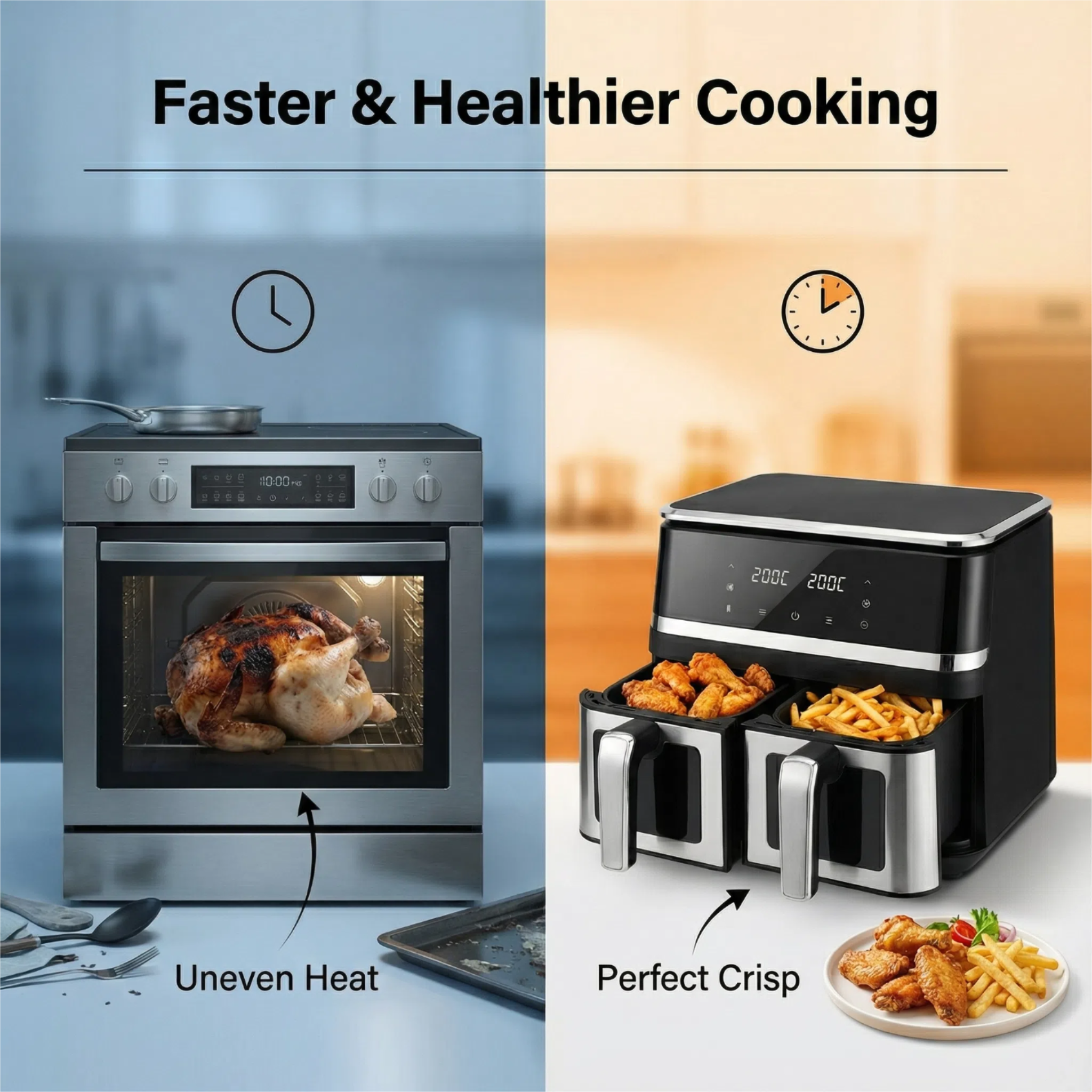 Freidora de Aire doble cestas 10L con Control Preciso NTC – 2000W, 8 Programas, Sin Aceite