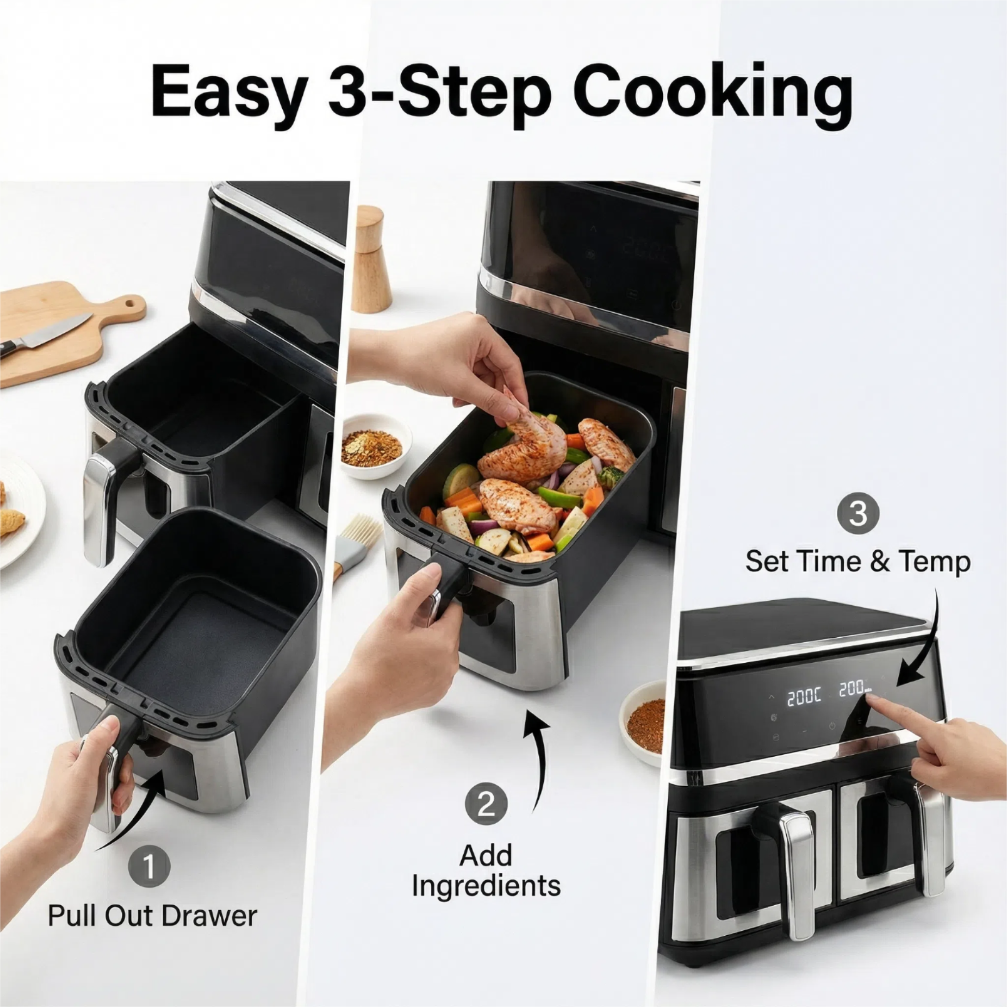 Freidora de Aire doble cestas 10L con Control Preciso NTC – 2000W, 8 Programas, Sin Aceite