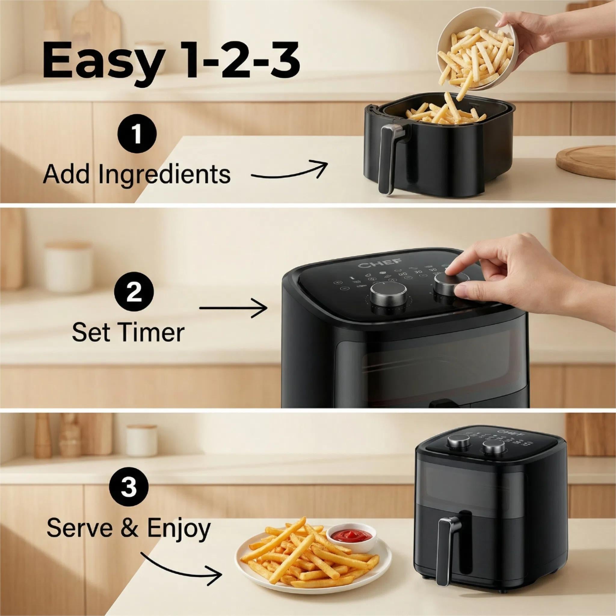 Freidora de Aire 6L con Ventana Transparente, Cocina Saludable sin Aceite, Selector de Rueda,